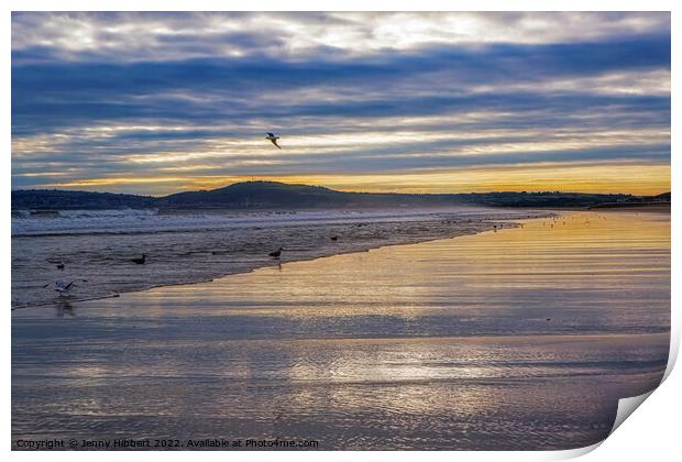 Aberavon beach as sunsetting, South Wales Print by Jenny Hibbert