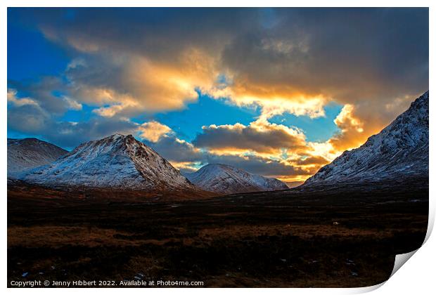 Sunsetting over the mountains in Glencoe Highlands of Scotland Print by Jenny Hibbert