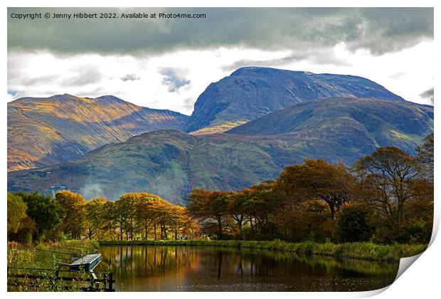 Impressive Ben Nevis towering over Caledonian Canal Corpach Print by Jenny Hibbert