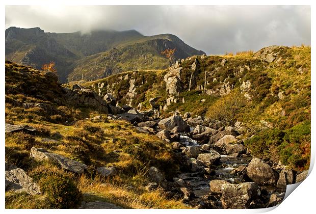 View of the mountains at Cwm Idwal, Snowdonia Print by Jenny Hibbert