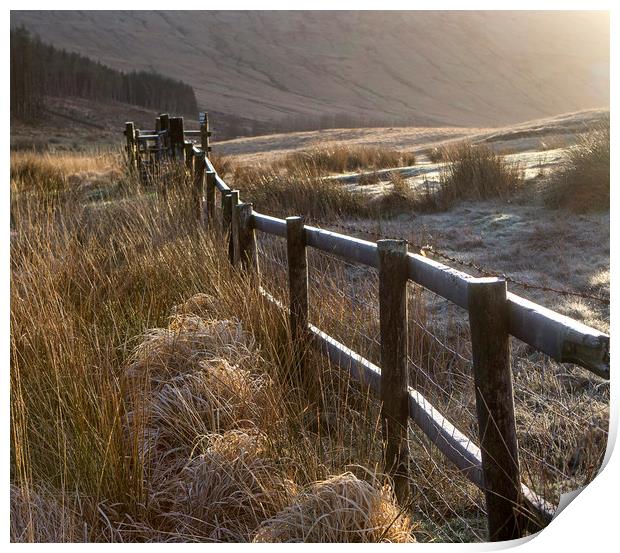 Fence on a frosty morning in the Brecon beacons Wa Print by Jenny Hibbert