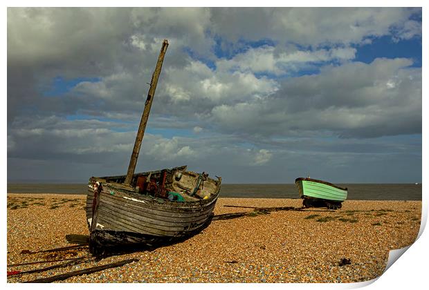 Old and Modern boats on Dungeness beach Print by Jenny Hibbert