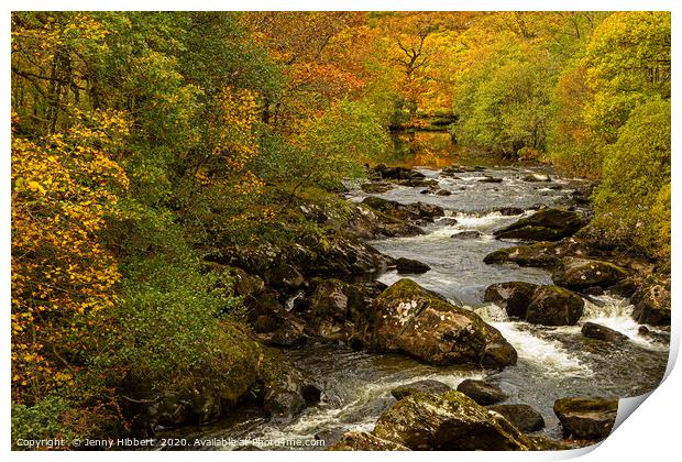 Autumnal view of river near to Capel Curig North W Print by Jenny Hibbert