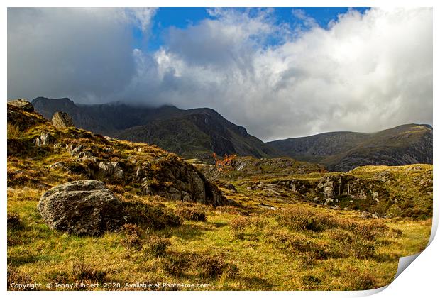 Glyderau mountain range Cwm Idwal Snowdonia Print by Jenny Hibbert