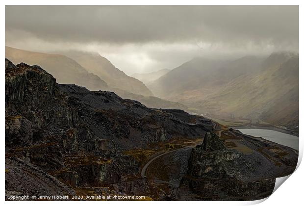 Looking down at Dinorwic Slate Quarry on a misty m Print by Jenny Hibbert