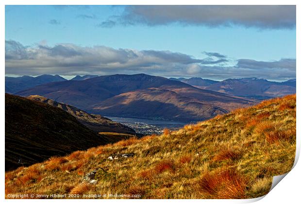 Looking across the hills and lochs of Lochabar from Aonach Mor Print by Jenny Hibbert