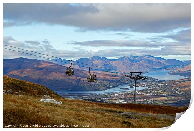 Cable pods with mountain bikes heading up to Aonach Mor Print by Jenny Hibbert