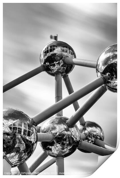 black and white long exposure of the Atomium in downtown Brussel Print by DiFigiano Photography