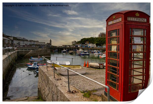 Porthleven Harbour Cornwall, old Red Telephone box Print by kathy white