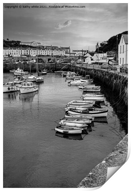  Porthleven Harbour black and white Print by kathy white