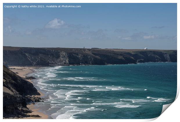 St Agnes Head and  Chapel Porth beach Print by kathy white