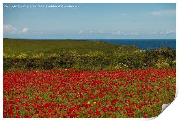 A field of red poppies with the ocean Print by kathy white