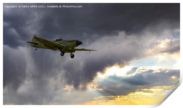 Spitfire, flying into the light Print by kathy white