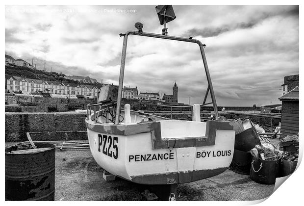 Porthleven harbour boat Print by kathy white