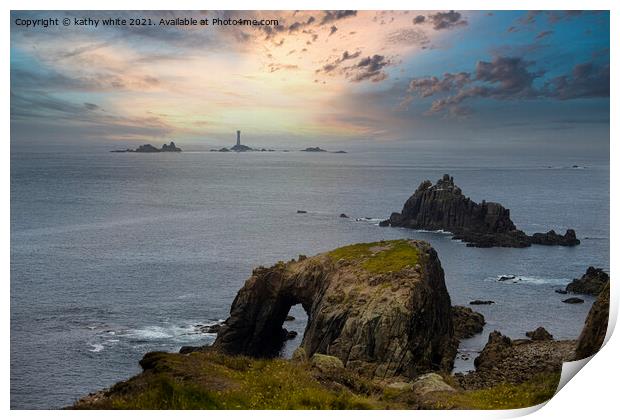 longships lighthouse, Sunset set Lands End Cornwal Print by kathy white