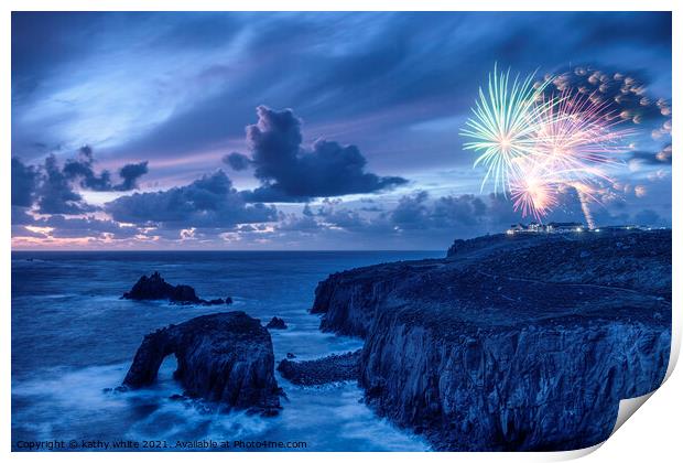 Sunset set at Lands End Cornwall with fireworks  Print by kathy white