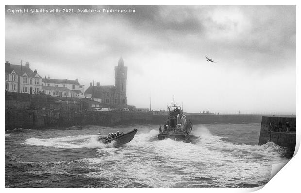 Porthleven Harbour Cornwall,lifeboat day,black and Print by kathy white
