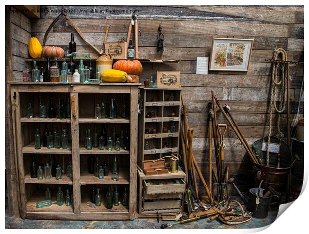 old bottles, garden shed,garden tools Print by kathy white