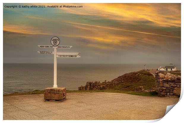  The Iconic Signpost lands end Cornwall at sunset Print by kathy white