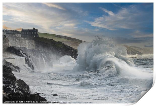 The Fierce Beauty of Porthleven Winter Storm Print by kathy white