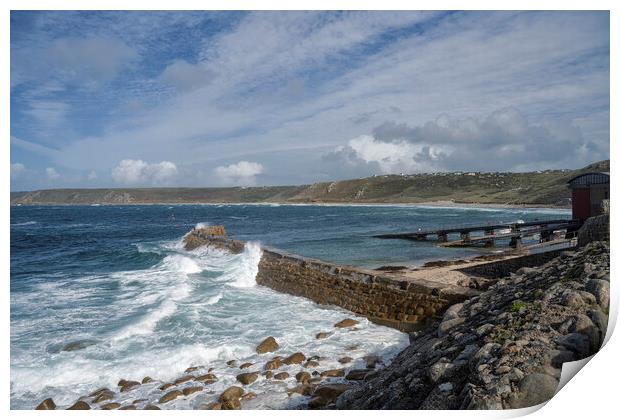 Sennen cove harbour on a stormy day Print by kathy white