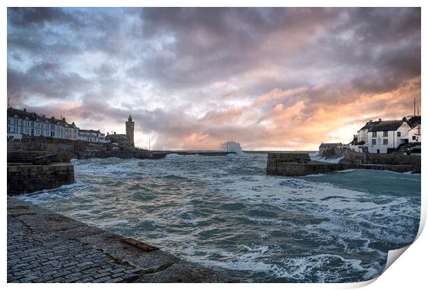 Porthleven Harbour Cornwall storm Print by kathy white