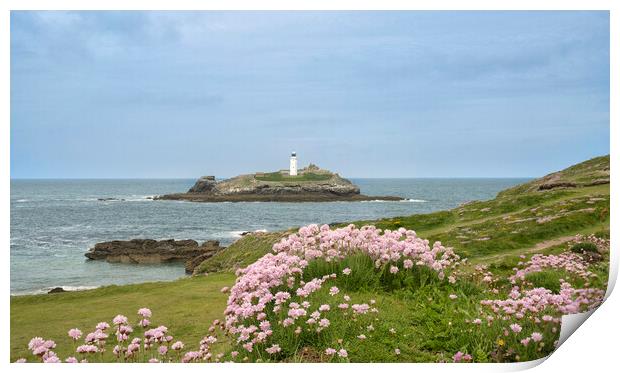Godrevy lighthouse with sea pinks Print by kathy white