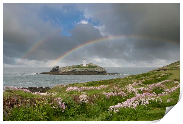 Godrevy lighthouse with a rainbow Print by kathy white