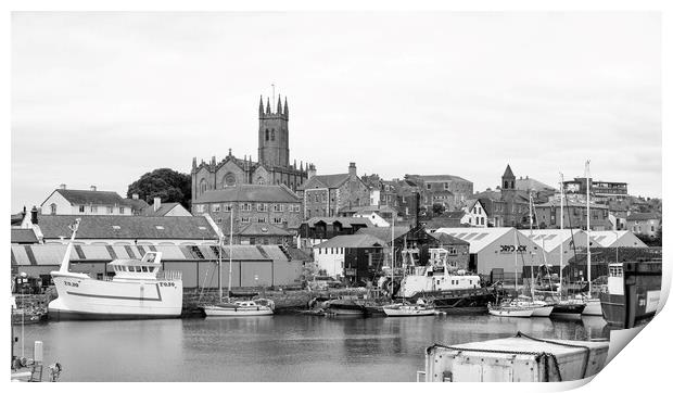 newlyn harbour Penzance Cornwall,black and white Print by kathy white