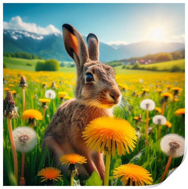 A hare in  a spring field with dandelions and spring sunshine Print by kathy white
