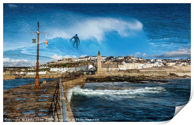 Surfing in Porthleven  in Cornwall Print by kathy white
