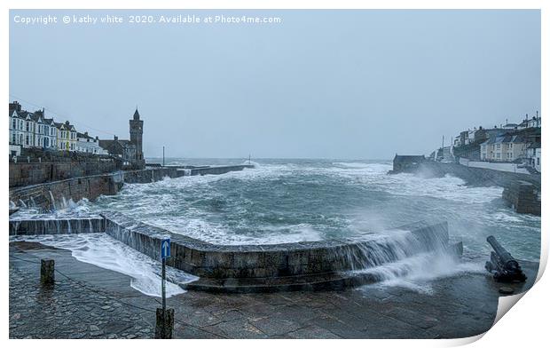 Porthleven Cornwall on a stormy day Print by kathy white