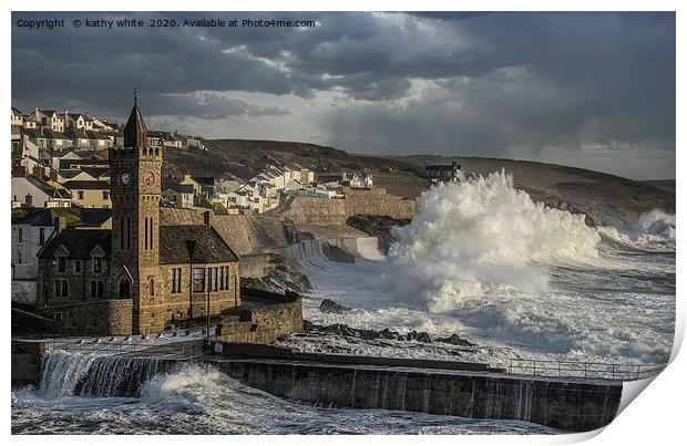 Porthleven harbour with Clock tower, Print by kathy white