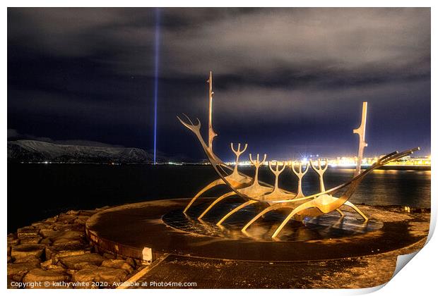 Imagine Peace Tower;with  Sun Voyager,Iceland Print by kathy white