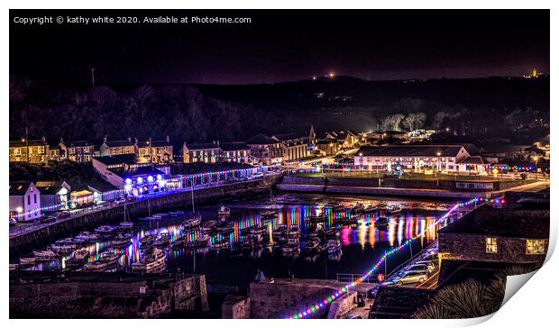 Porthleven  Cornwall Christmas light,at Porthleven Print by kathy white