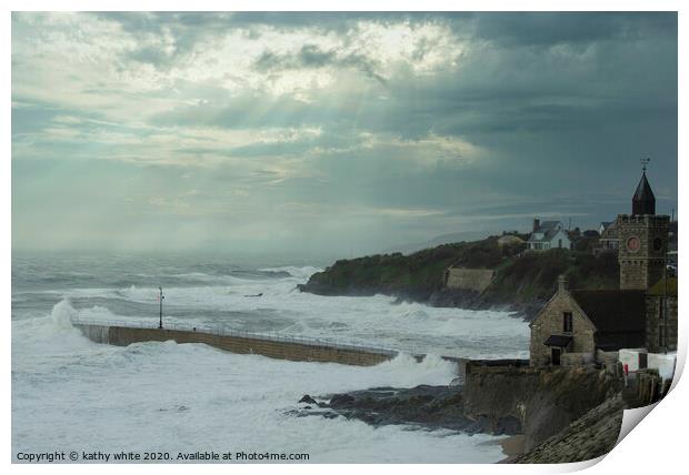 Porthleven Cornwall with the clock tower and storm Print by kathy white