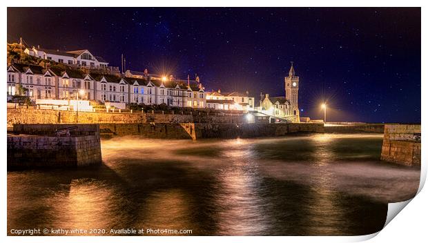  Porthleven Cornwall at night with clock tower Print by kathy white