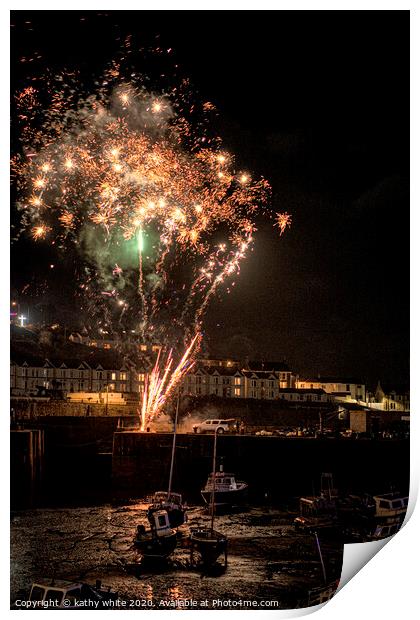 Porthleven Harbour  Cornwall fireworks Print by kathy white