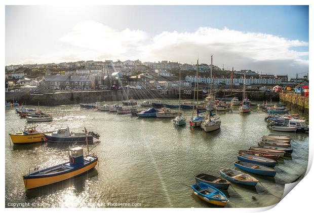  Porthleven Cornwall  with boats in the harbour Print by kathy white