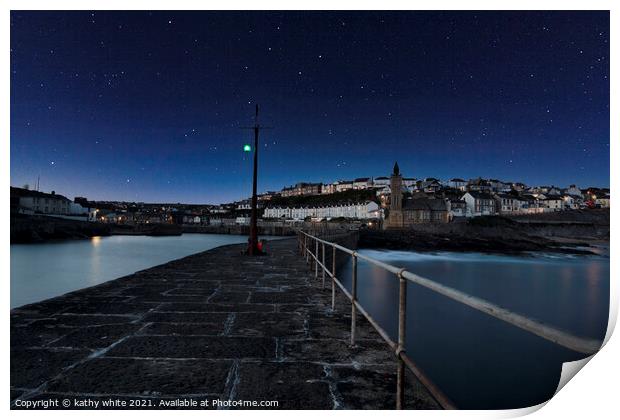 Porthleven Harbour Cornwall at night Print by kathy white