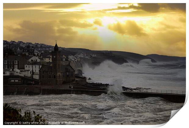 Porthleven  harbour Cornwall,  evening storm  Print by kathy white