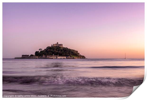 St Michaels mount Cornwall pink sky and calm cornw Print by kathy white