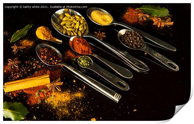 curry spice on a black background Print by kathy white