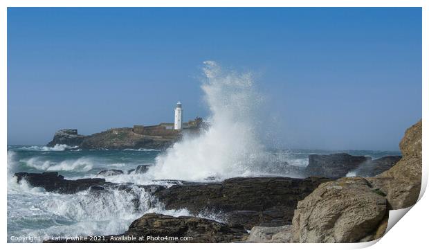 Godrev Lighthouse,Cornish beach  Print by kathy white