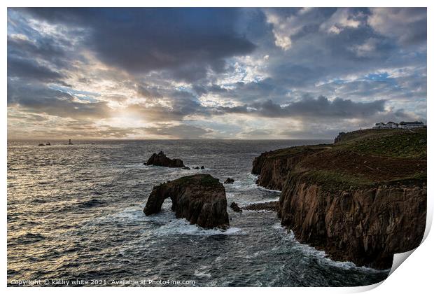 longships lighthouse Sunset set Lands End Cornwall Print by kathy white