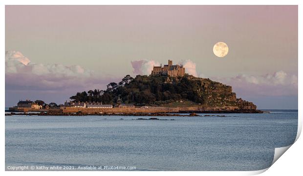 St Michaels mount, Cornwall with the full moon Print by kathy white