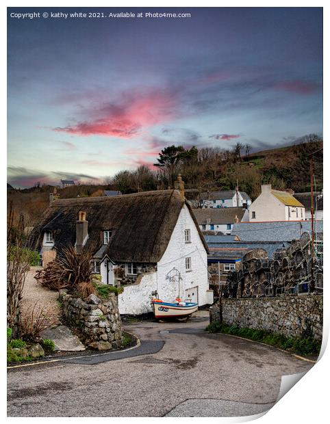 Cadgwith Cove,  cornwall, Boat and cottage, Cornwa Print by kathy white