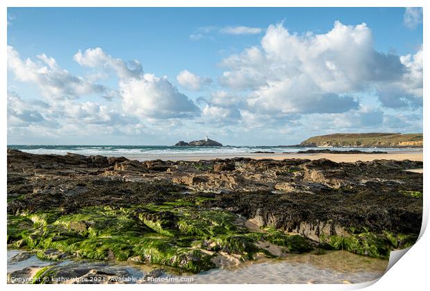 Gwithian  beach Cornwall,with Godrevy lighthouse Print by kathy white