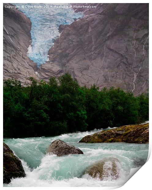 Blue ice water from  the Briksdal Glacier Norway Print by Clive Rees