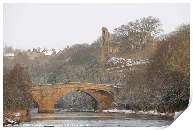 The County Bridge and Castle Ruins, Barnard Castle, Teesdale, in Winter Print by Richard Laidler